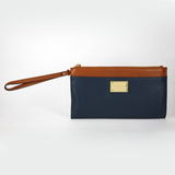 Michael Kors-Handbags-Jet Set Large Zip Top Clutch, Navy/Brown