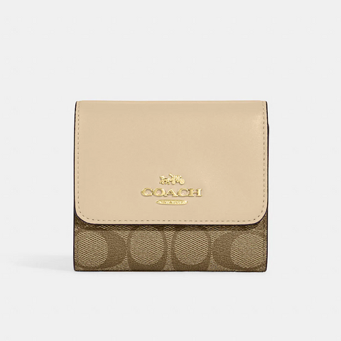 Coach Small Trifold Wallet In Blocked Signature Canvas - Khaki/Ivory